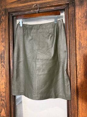 Newport News Olive Green Leather A-Line Mini Skirt